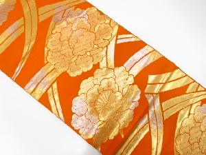 アンティーク　服部織物製　こはく錦草葉に牡丹模様織出し袋帯（着用可）